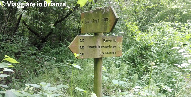 Le indicazioni per la Zoca dei Pirutit nel Parco della Brughiera Briantea